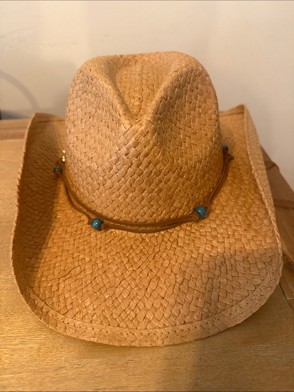 Capelli of New York Tan Straw Fedora with Turquoise Bead Accents